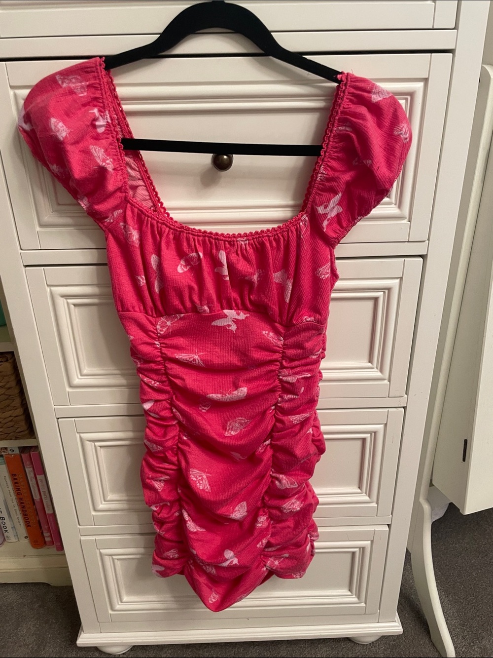 Urban Outfitters Pink Butterfly Print Ruched Mini Dress